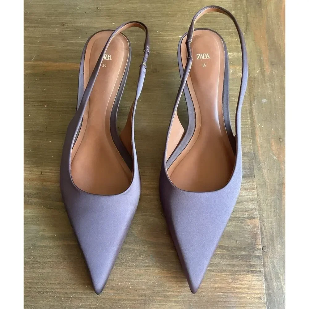 Zara Anthracite Grey Kitten Heel Slingback Pumps Pointed Toe Chic Size 7.5 NWT - Picture 8 of 16